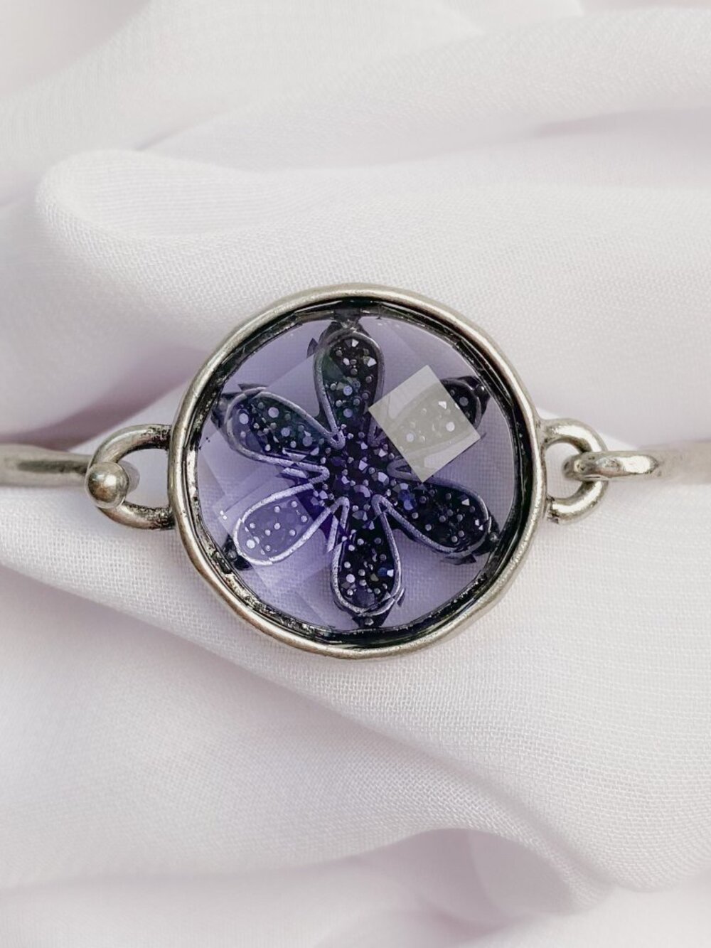 Lucky Brand Purple Crystal Flower Round Jewel Gem Boho Silver Bangle Bracelet - Picture 9 of 10